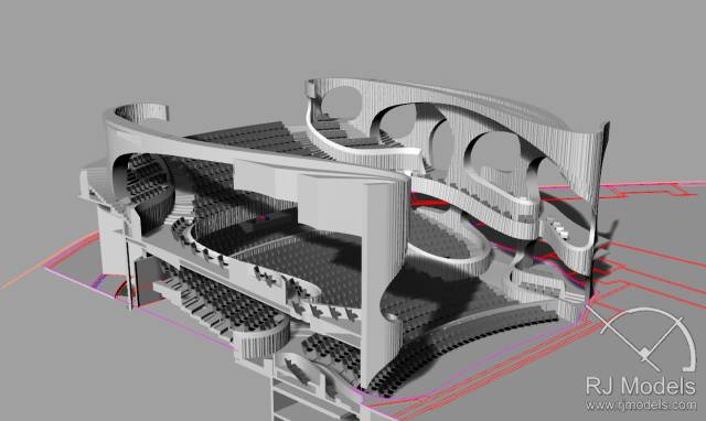戲曲中心建筑模型的大小為1230mm X 830mm X 590mm ，歷時(shí)1個(gè)月制成。戲曲中心的外觀別樹一格，糅合了傳統(tǒng)與現(xiàn)代元素，整體屬于流線型設(shè)計(jì)，外觀如同舞臺(tái)簾幕一般。從建筑模型的設(shè)計(jì)中觀看，▲戲曲中心的結(jié)構(gòu)為流線外型和內(nèi)部空間， 呈現(xiàn)出「氣」的概念。。